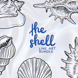 May include: Black and white line art illustrations of various seashells are arranged around the text "the shell LINE ART BUNDLE" in blue. The background has a pearlescent, iridescent effect.