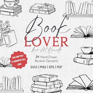 May include: A black and white line art bundle featuring the text "Book Lover" and "Line Art Bundle". The image includes illustrations of books, a teacup, and a bookshelf. The text "Unlimited Commercial Use" is also present.