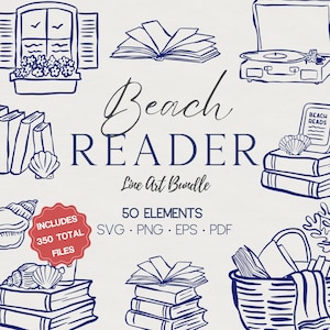 May include: A digital line art bundle with a beach theme. The image features illustrations of books, seashells, a window, and a record player. Text includes "Beach Reader" and "Line Art Bundle". Includes 50 elements and 350 total files.