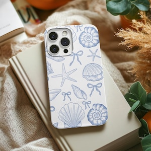 Coastal Seashell iPhone Case | Blue Hand-Drawn Nautical Shells & Starfish Print | Ocean Aesthetic Phone Cover | Beachy Gift for Her