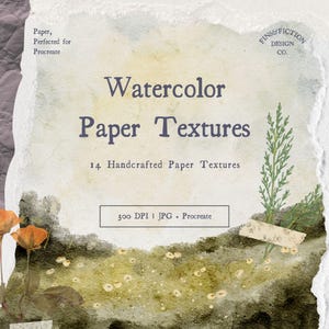 May include: A digital graphic featuring the text Watercolor Paper Textures, 14 Handcrafted Paper Textures, 300 DPI | JPG | Procreate, and Paper, Perfected for Procreate. The design includes watercolor illustrations of orange flowers and green foliage.