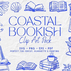 Op de afbeelding: Blauwe lijntekening clip art pack met een kust- en boeken thema. Bevat illustraties van schelpen, boeken, een krab, bloemen, een koffiekopje en een strandstoel. De tekst luidt "COASTAL BOOKISH Clip Art Pack".