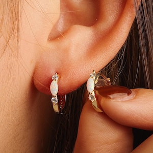 Minimalist Opal Huggie Hoop Earrings | Dainty Sterling Silver or Gold Tiny Hoop | Natural Style Everyday Earrings | Gift for Her
