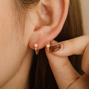 Minimalist  Opal Huggie Hoop Earrings Gold | Dainty 925 Sterling Silver Earrings | Natural Style Everyday Earrings Gift for Her