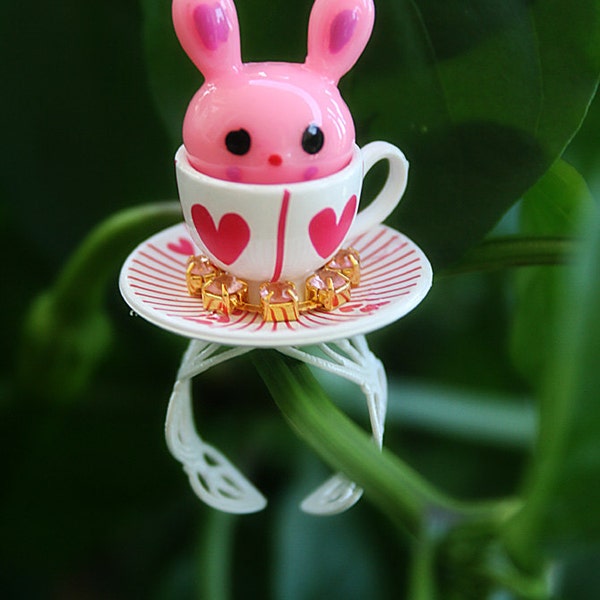 Alice in Wonderland Pink Rabbit teacup with rhinestones ring (LIMITED)