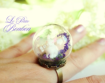 Bunny in a lavender field glass globe ring