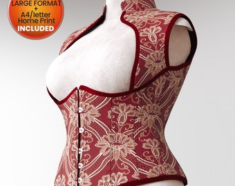 May include: A red and gold patterned corset with a high neckline and a keyhole opening in the front. The corset has a boned structure and is sleeveless. The corset is displayed on a white mannequin.