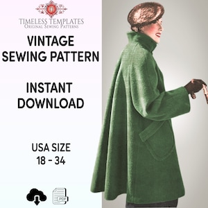 May include: Vintage sewing pattern for a green coat. The pattern is for sizes 18-34. The pattern is available for instant download as a PDF file.