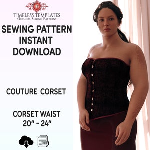 May include: A sewing pattern for a couture corset with a waist size of 20 to 24 inches. The pattern is available as an instant download in PDF format.