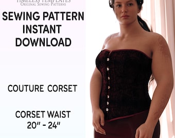 May include: A sewing pattern for a couture corset with a waist size of 20 to 24 inches. The pattern is available as an instant download in PDF format.