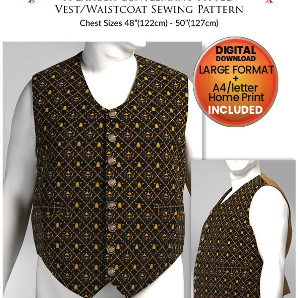 XX Large Gentleman's Fitted Vest Sewing Pattern, PDF Download, Perfect For Victorian, Gothic, Steampunk Cosplay and Wedding Waistcoats