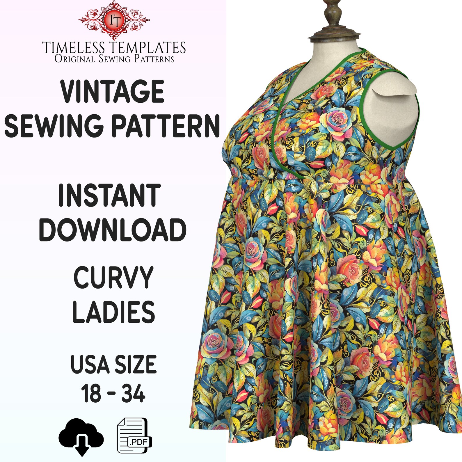 Plus Size Retro Pattern Vintage Curvy Sewing Pattern, 1950s Plus Size, Wrap Style Dress, Multi ...