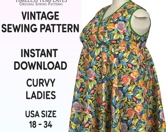 Vintage Curvy Sewing Pattern, 1950s Plus Size,   Wrap Style Dress, Multi-Sized, Rockabilly, USA dress 18 - 34, Digital Download PDF