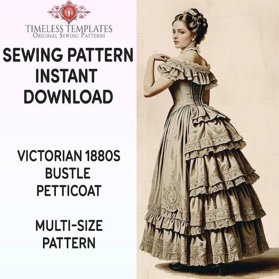 バッスルスカートの縫製パターン、PDFダウンロード、ビクトリア朝の