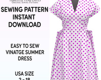 1950s Dress Sewing Pattern, Vintage Style, Womens Summer Dress, Modern Sizes, USA 2 -18,