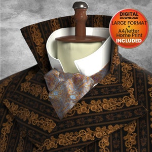 May include: A black and gold patterned fabric with a design of gears and other intricate details. The fabric is displayed on a white shirt with a blue and gold patterned cravat.