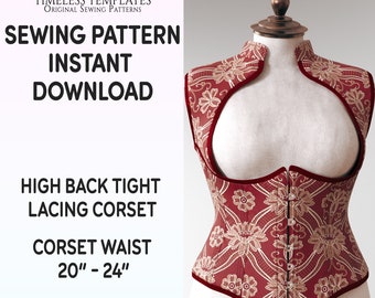May include: A sewing pattern for a high back, tight lacing corset with a keyhole opening in the front. The pattern is for a corset waist size of 20 to 24 inches. The pattern is available for instant download as a PDF file.