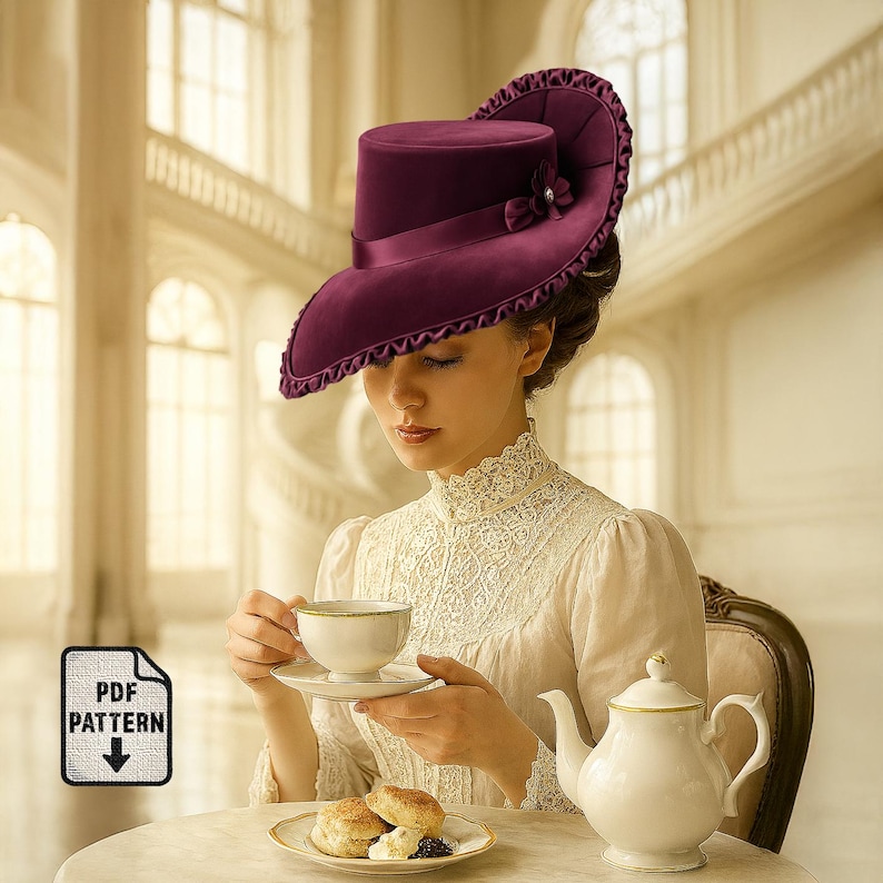Puede incluir: Un sombrero de terciopelo burdeos con ala ancha y lazo decorativo. La persona lleva un vestido blanco vintage y sostiene una taza y un platillo. Una tetera blanca y bollos est&aacute;n sobre la mesa. Incluye un icono de patr&oacute;n PDF.