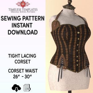 Steampunk Corset Sewing Pattern High Back Medium 26 28 30" waists. Instant PDF Download