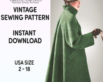 1950s Swing Coat PDF Sewing Pattern – Vintage Inclusive - USA Dress sizes 2 - 18 / xl - 2xl