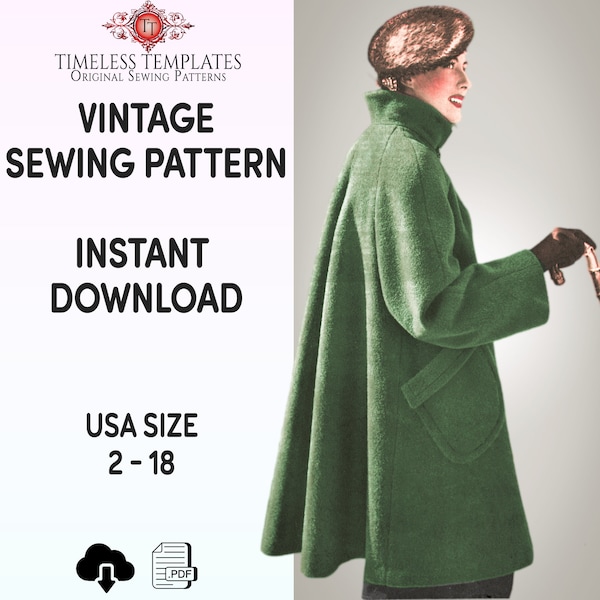 1950s Swing Coat PDF Sewing Pattern – Vintage Inclusive - USA Dress sizes 2 - 18 / xl - 2xl