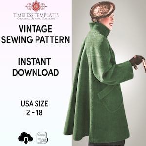 May include: Vintage sewing pattern for a green coat with a high collar and a pocket. The pattern is available for download in PDF format and includes sizes 2-18.