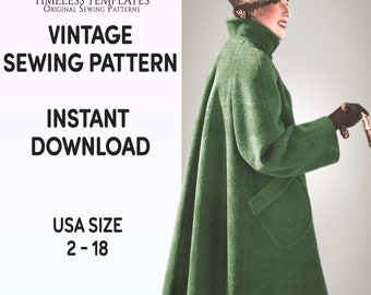 Vintage 1950s Coat Sewing Pattern,  Inclusive Retro Sewing, USA dress size  2-18 / xs - 2xl, PDF Digital Download,