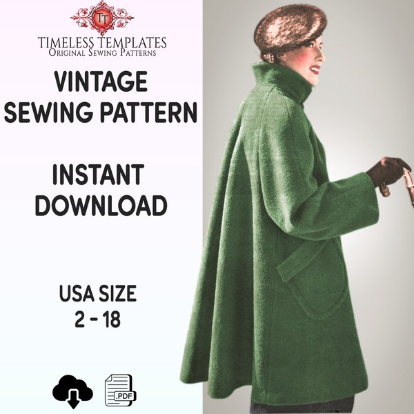 Vintage 1950s Coat Sewing Pattern,  Inclusive Retro Sewing, USA dress size  2-18 / xs - 2xl, PDF Digital Download,