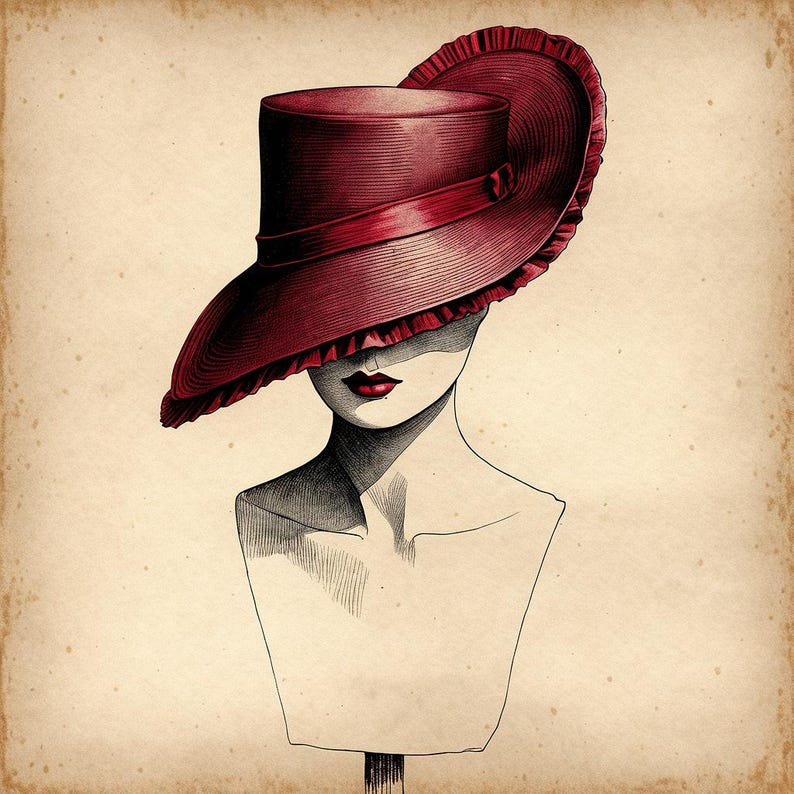May include: A red hat with a wide brim and a ruffled edge. The hat is tilted down over the face of a woman, obscuring her eyes. The woman is wearing red lipstick.