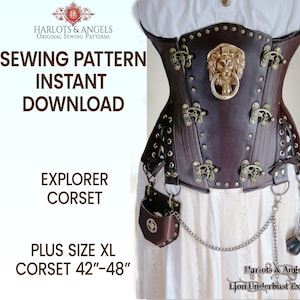 Pode incluir: Um padrão de costura para um corpete de couro marrom com uma fivela de cabeça de leão. O padrão é para um corpete de tamanho XL, tamanho 42-48 polegadas.