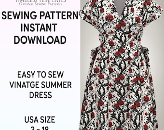 1950s Dress Sewing Pattern, Vintage Style, Women's Summer Dress, Gothic Style, Pinup, Modern Sizes, USA 2 -18,