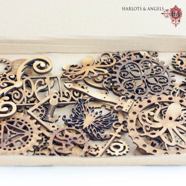 Steampunk Craft Shapes, Full Boxes of  Mixed Embellishments  for Mixed media, Mixed Medium Scrapbooking Art DIY Projects