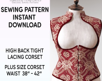 May include: A red and gold corset sewing pattern with a high back and tight lacing. The pattern is for a plus size corset with a waist size of 38 to 42 inches. The pattern is available for instant download as a PDF file.