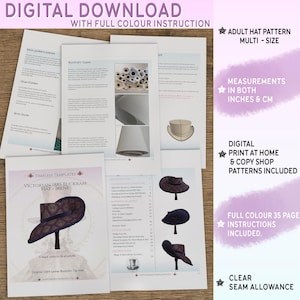 May include: A digital download pattern for an adult-sized hat. The pattern includes instructions for making a Victorian-style buckram hat. The pattern is available in multiple sizes and includes measurements in both inches and centimeters. The pattern is for digital download and can be printed at home or at a copy shop.