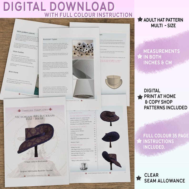 May include: A digital download pattern for an adult-sized hat. The pattern includes instructions for making a Victorian-style buckram hat. The pattern is available in multiple sizes and includes measurements in both inches and centimeters. The pattern is for digital download and can be printed at home or at a copy shop.