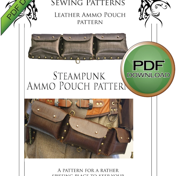 Steampunk Pattern, Leather Work, Digital Download Pattern, Ammo Pouch, Leather bag, Cosplay Sewing. Larp costume, PDF download, PDF Pattern
