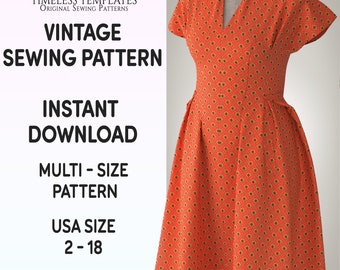 1950s Dress Sewing Pattern, Vintage Style, Womens Summer Dress, Modern Sizes, USA 2 -18,