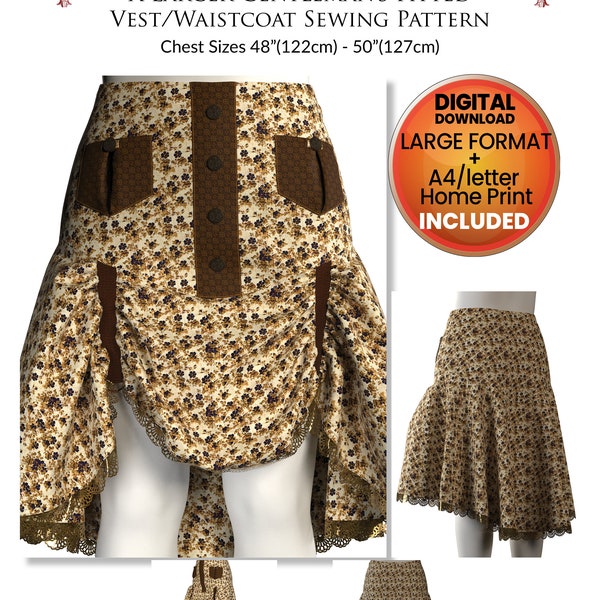 Steampunk Sewing Pattern, 24 inch to 36 inch waists, Digital Download PDF pattern, Western, Cosplay, Larp, Westworld, firefly, Saloon Girl,