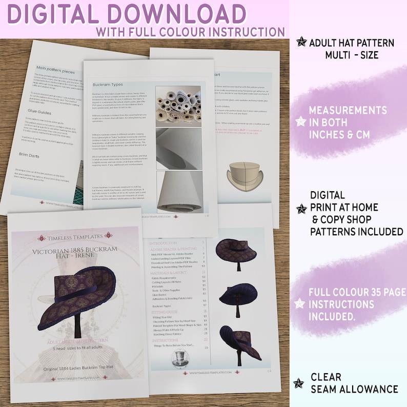 K&ouml;nnte beinhalten: Ein digitaler Download-Schnittmuster f&uuml;r einen Hut in Erwachsenengr&ouml;&szlig;e. Das Schnittmuster enth&auml;lt Anleitungen zum N&auml;hen eines viktorianischen Buckram-Hutes. Das Schnittmuster ist in verschiedenen Gr&ouml;&szlig;en erh&auml;ltlich und enth&auml;lt Ma&szlig;e in Zoll und Zentimetern. Das Schnittmuster ist zum digitalen Download verf&uuml;gbar und kann zu Hause oder in einem Kopierladen ausgedruckt werden.