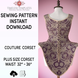 Könnte beinhalten: Ein tiefvioletter Couture-Korsett mit goldfarbener floraler Spitze, präsentiert auf einer Schaufensterpuppe. Der Text auf dem Bild lautet "Schnittmuster Sofort-Download" und "Plus Size Korsett Taille 81-91 cm".