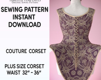 May include: A couture corset in a deep purple hue, adorned with intricate gold floral lace. The corset is displayed on a mannequin, showcasing its design. The text on the image reads "Sewing Pattern Instant Download" and "Plus Size Corset Waist 32" - 36".