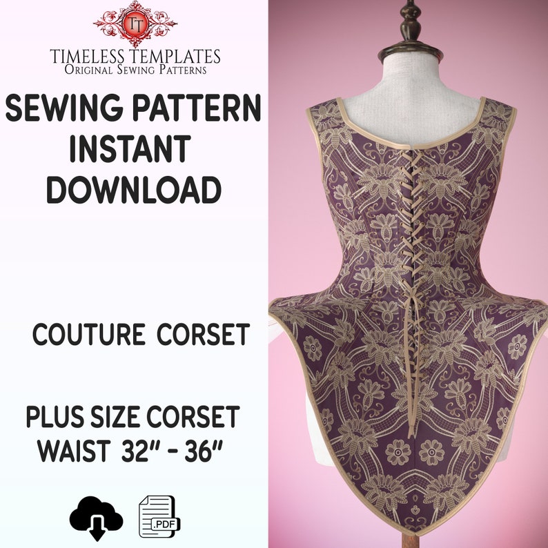sewing pattern front view of to make elegant evening historical corset in a beautiful rococo Marie Antoinette style