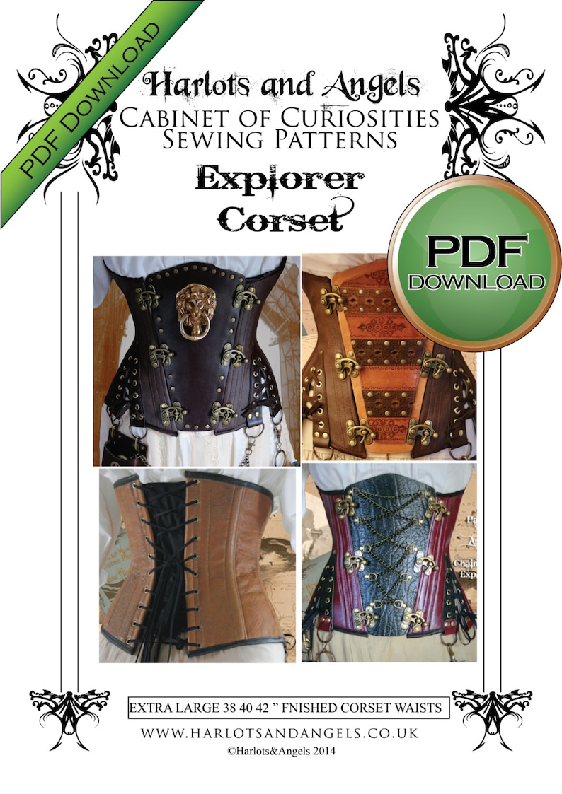 Steampunk Corset Sewing Pattern, Instant download, Cosplay Pattern, XL 38 40 42 Finished waists image 1