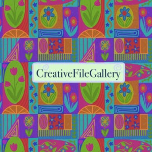 Peut inclure: Un motif vif et coloré avec des formes florales et géométriques stylisées. Le motif comprend des fleurs, des feuilles et des éléments géométriques dans une variété de couleurs, dont le vert, le violet, l'orange et le bleu. Le texte "CreativeFileGallery" est affiché dans un rectangle vert clair.