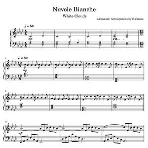 May include: Sheet music for "Nuvole Bianche" (White Clouds) by L. Einaudi, arranged by S. Varava. The black and white musical score features treble and bass clefs, with notes and musical symbols on a white background. The tempo markings and dynamics are also visible.