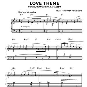 May include: A sheet music page titled LOVE THEME from NUOVO CINEMA PARADISO with music by ANDREA MORRICONE. The document displays black musical notation on white staves, including treble and bass clefs, chord symbols like Gm, Cm, F7, and Bb, and tempo markings such as Slowly, with motion and P tranquillo.