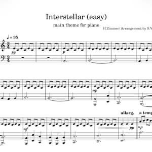 Peut inclure: Partition de piano pour "Interstellar (easy), thème principal pour piano" de H. Zimmer, arrangé par S. Varava. La partition musicale est noire sur fond blanc, avec des indications dynamiques et de tempo.
