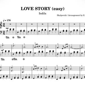 Könnte beinhalten: Noten für "LOVE STORY (easy)" von Indila, arrangiert von S. Varava. Die Musik ist in schwarzer Tinte auf weißem Hintergrund geschrieben, mit Violinschlüsseln und Bassschlüsseln, Noten und musikalischen Symbolen. Das Tempo ist mit 170 angegeben.