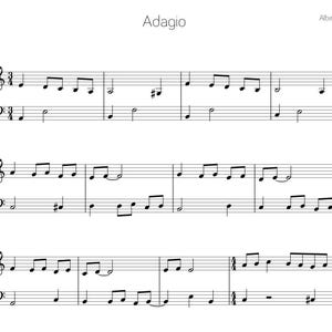 May include: A sheet music page titled Adagio by Albinoni, featuring black musical notation on a white background. The score is written for piano with treble and bass clefs, organised into three rows of measures with a 3/4 time signature throughout.