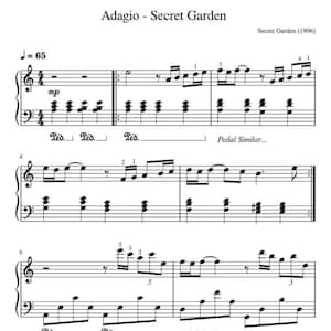 May include: A black and white musical score titled Adagio - Secret Garden, Secret Garden (1996). The sheet music features a treble and bass clef staff with a 4/4 time signature, a tempo marking of 65 beats per minute, and piano pedal notations.
